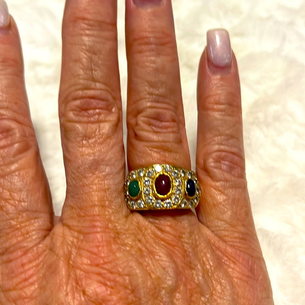 Ladies 18 karat gold diamond with emerald sapphire and ruby cabochon stone